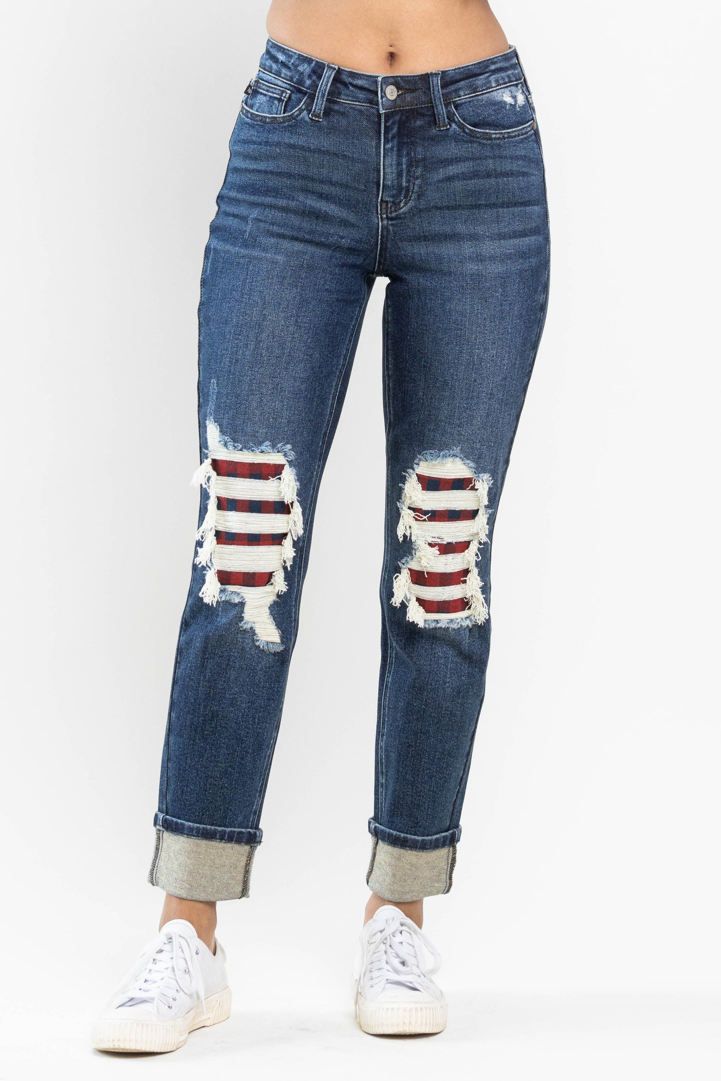 Buffalo Plaid Distressed Boyfriend Jeans