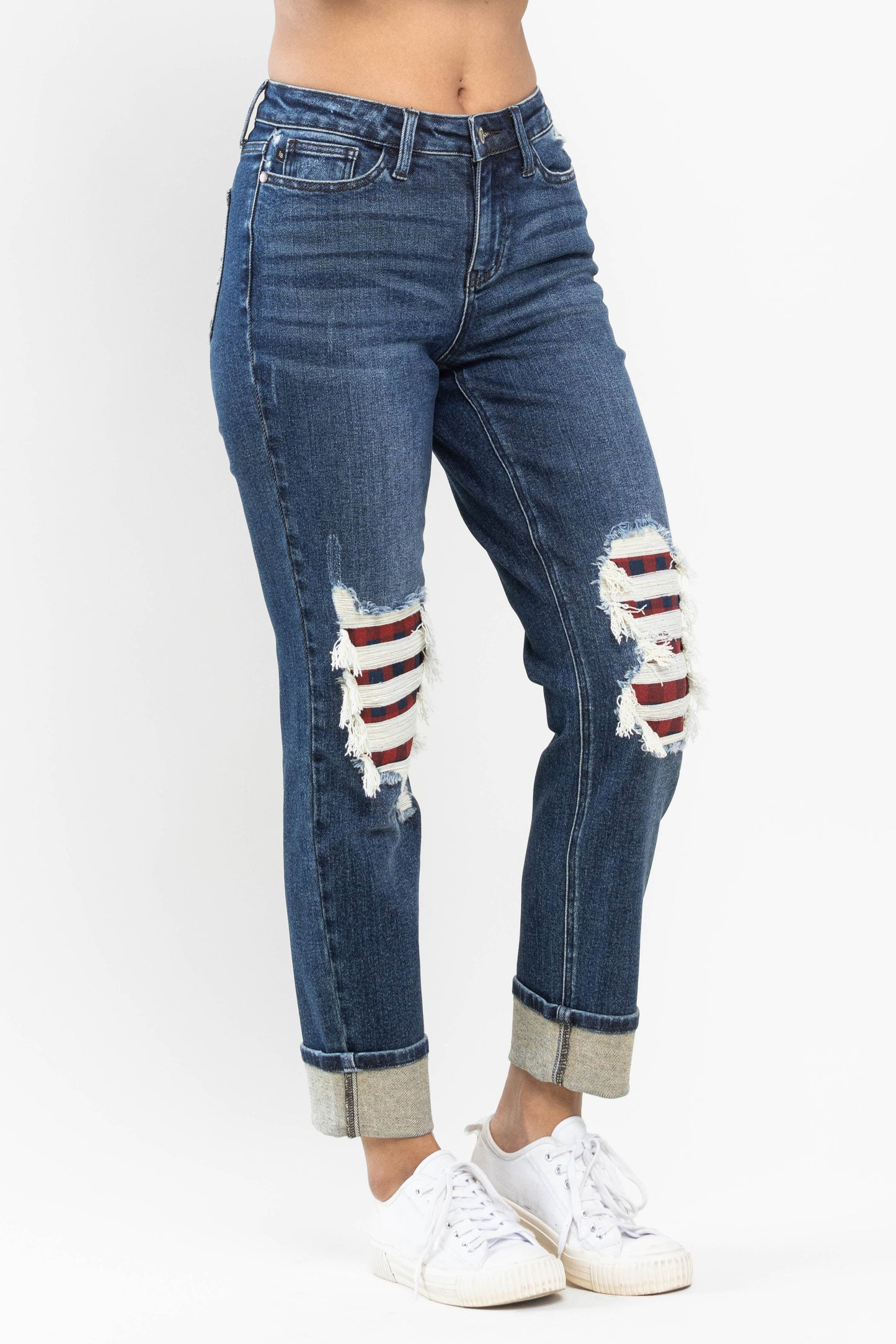 Buffalo Plaid Distressed Boyfriend Jeans