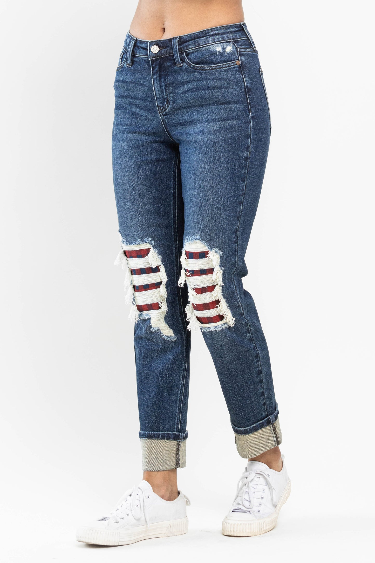 Buffalo Plaid Distressed Boyfriend Jeans