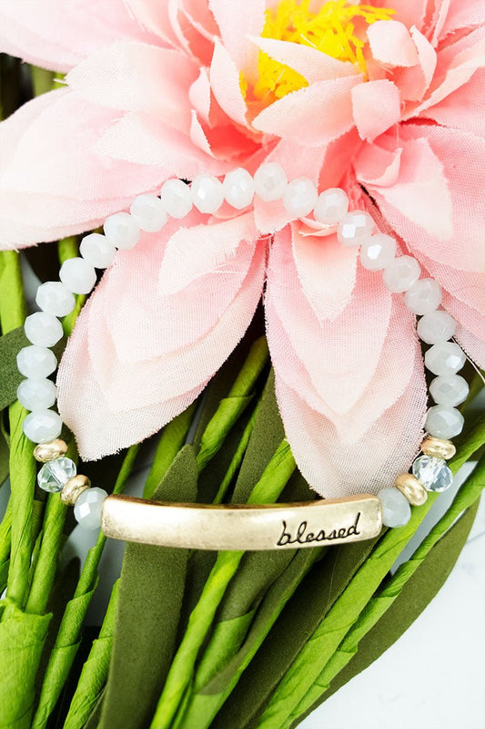 'Blessed' Bar White Beaded Bracelet