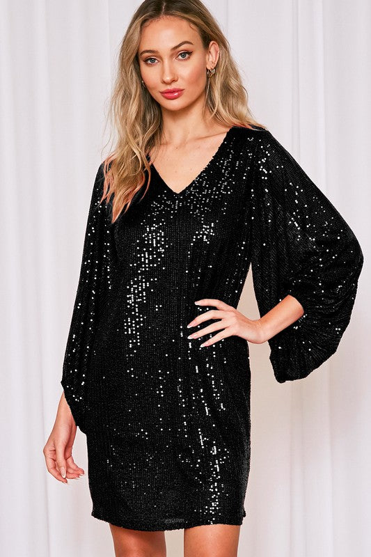 VNeck Balloon Sleeve Sequin Dress