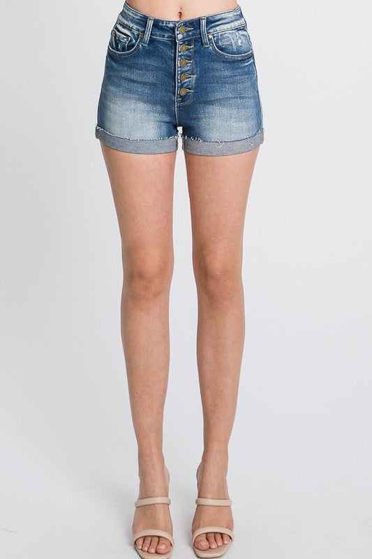 Button Fly Cuffed Hem Denim Shorts