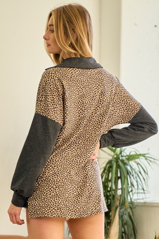 Leopard Print Colorblock French Terry Shacket