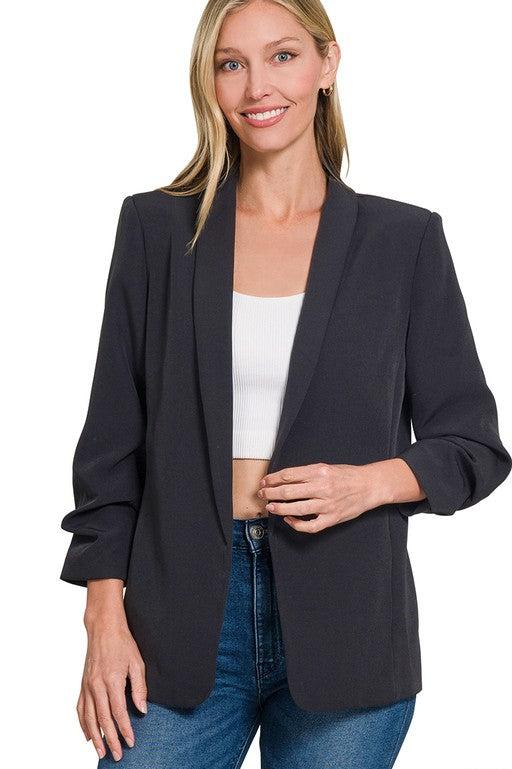 Woven 3/4 Ruched Sleeve Blazer