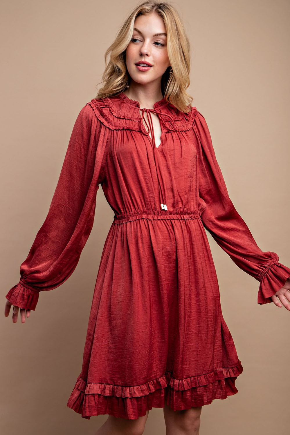 Ruffled Neck Long Sleeve Satin Dress