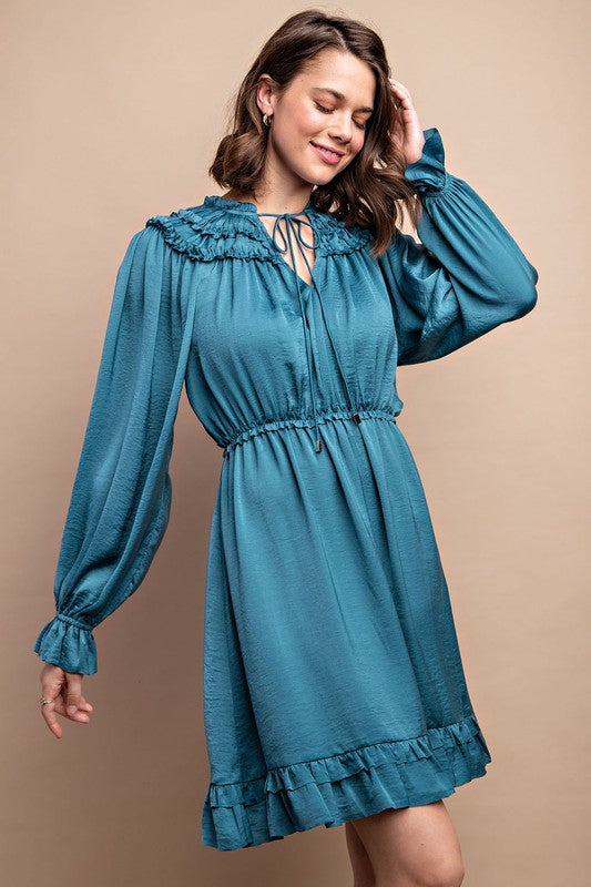 Ruffled Neck Long Sleeve Satin Dress