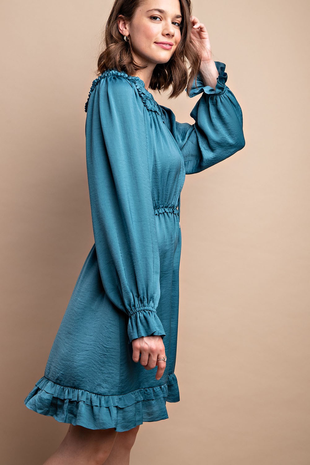 Ruffled Neck Long Sleeve Satin Dress