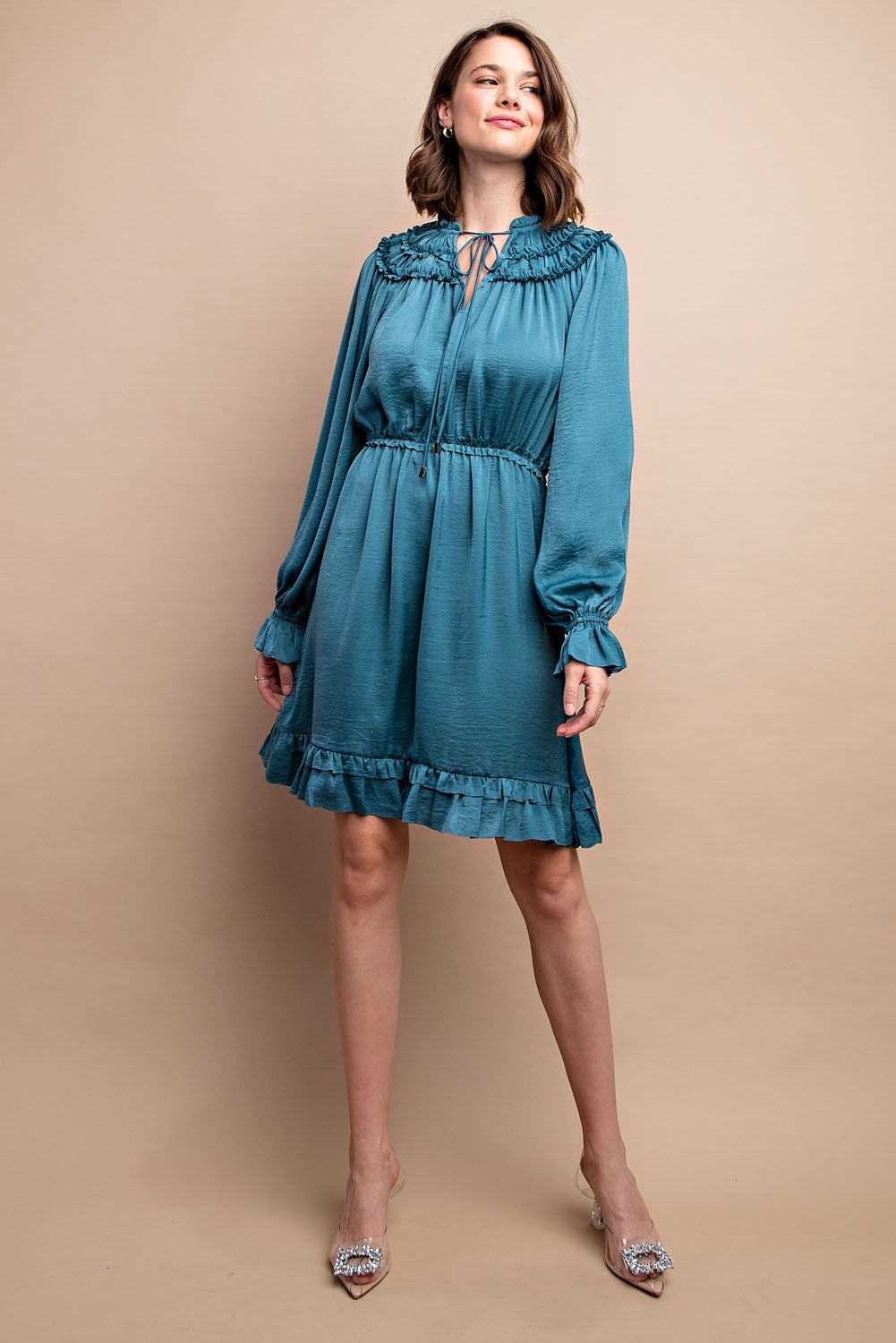 Ruffled Neck Long Sleeve Satin Dress