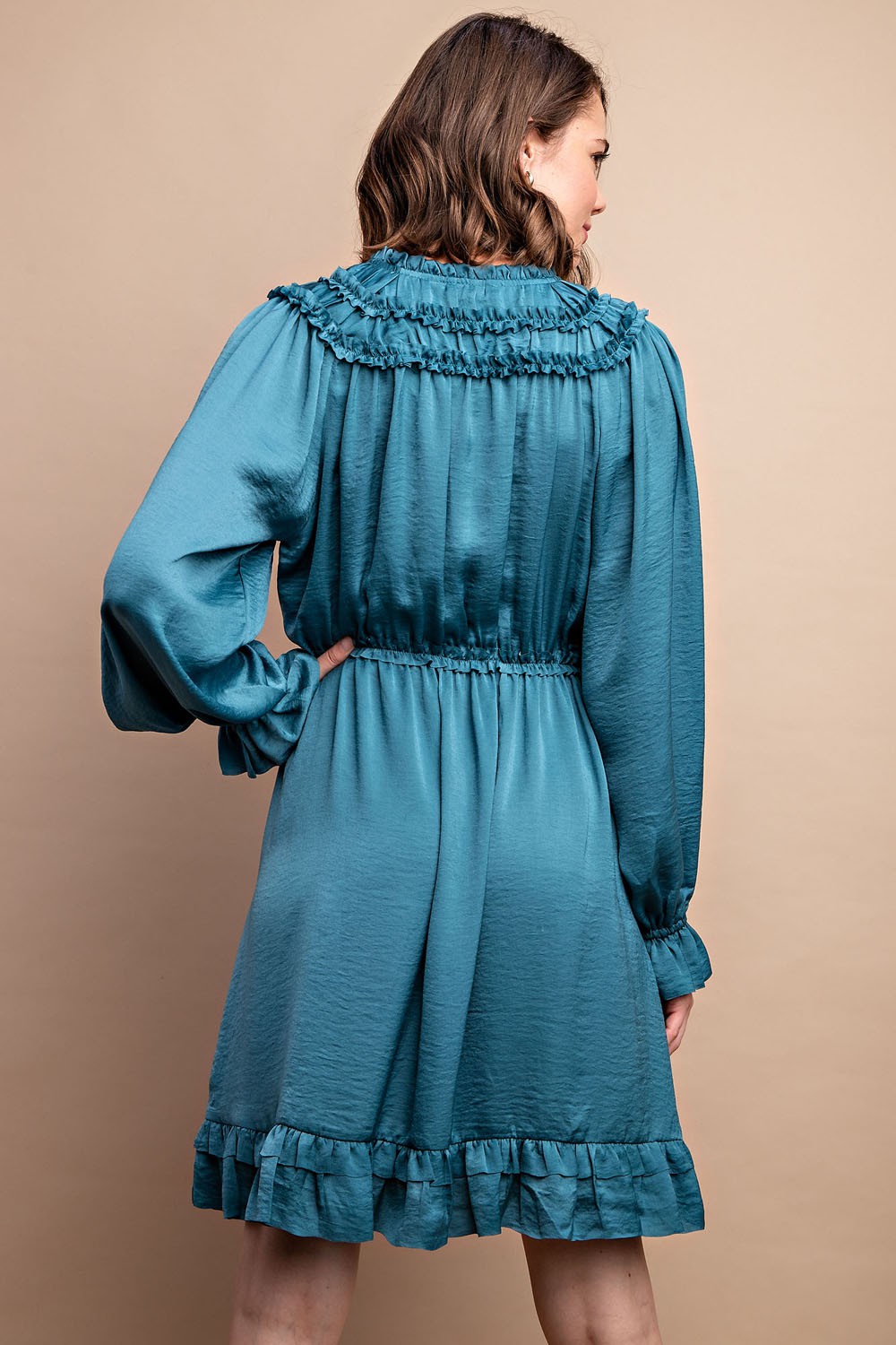 Ruffled Neck Long Sleeve Satin Dress