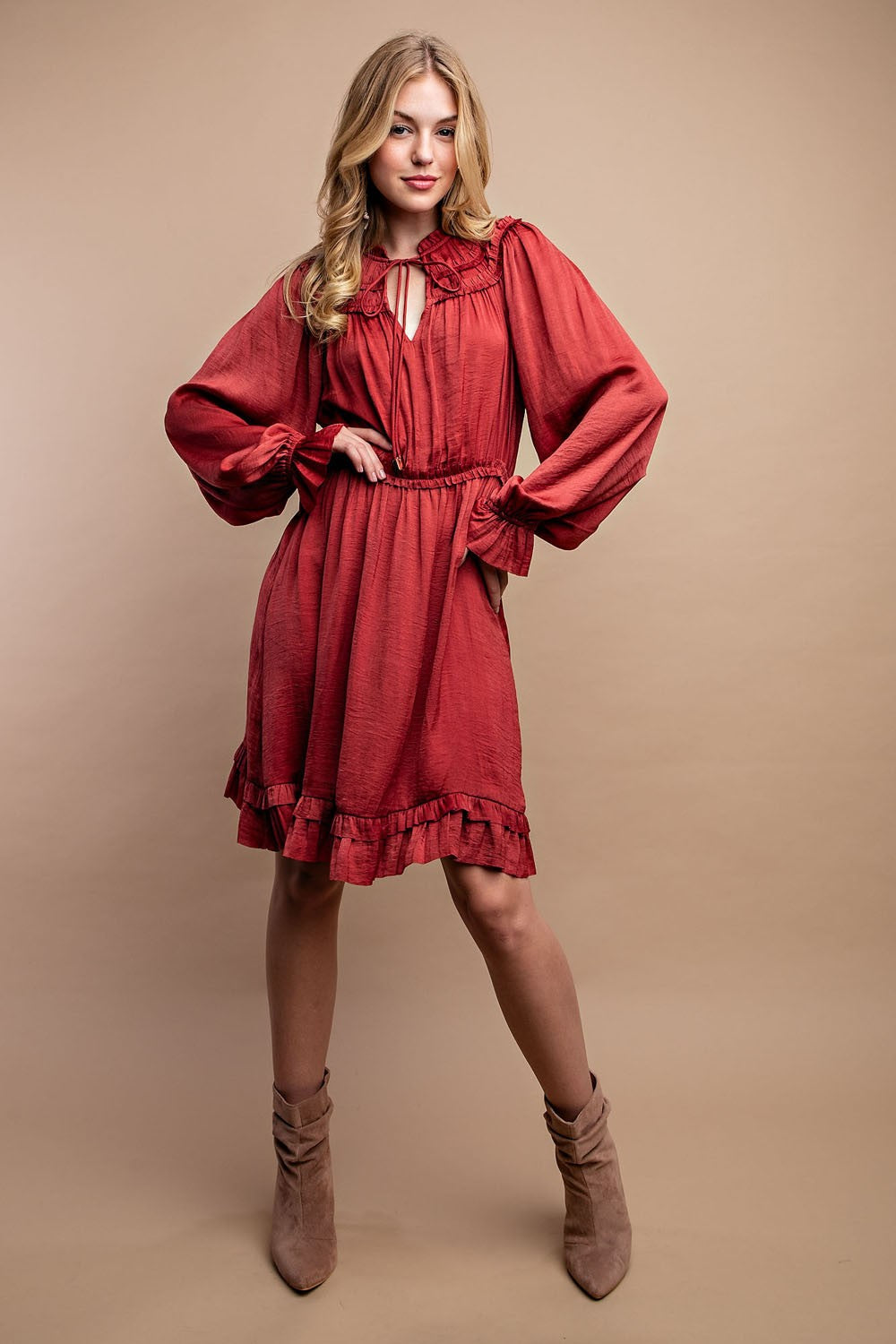 Ruffled Neck Long Sleeve Satin Dress