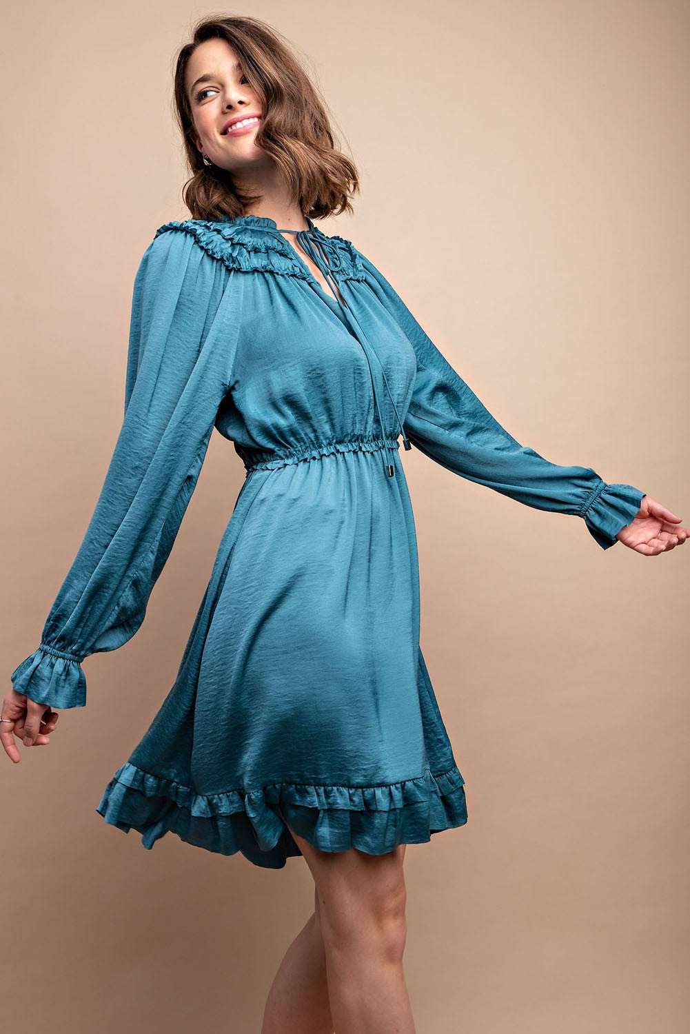 Ruffled Neck Long Sleeve Satin Dress