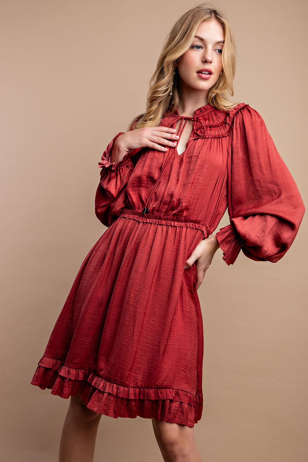 Ruffled Neck Long Sleeve Satin Dress