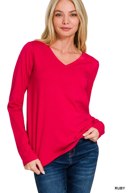 Cotton VNeck Long Sleeve Tshirt - Ruby