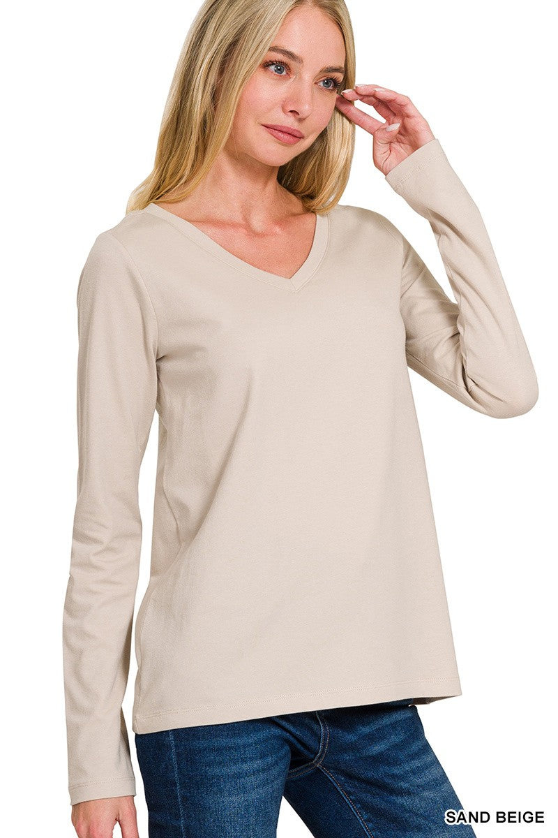 Cotton VNeck Long Sleeve Tshirt - Sand Beige