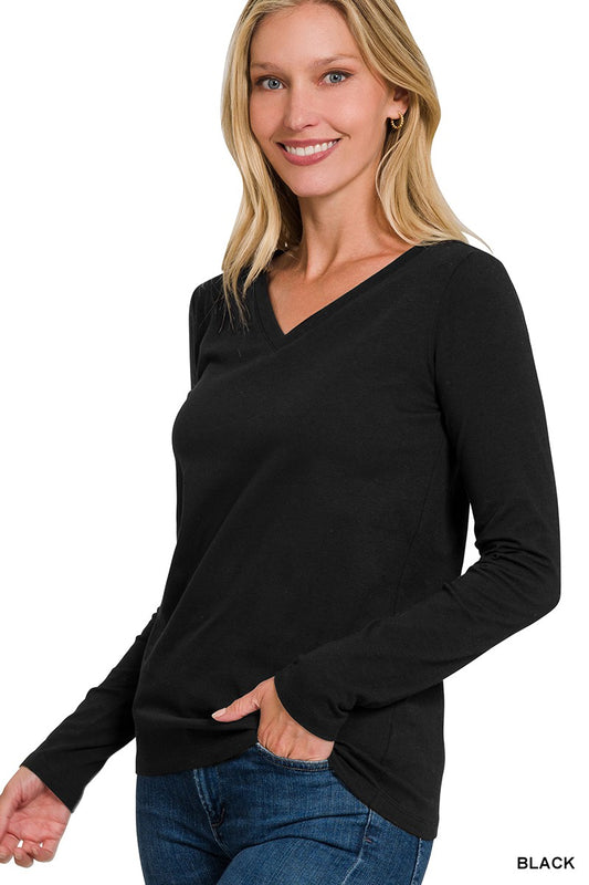 Cotton VNeck Long Sleeve Tshirt - Black