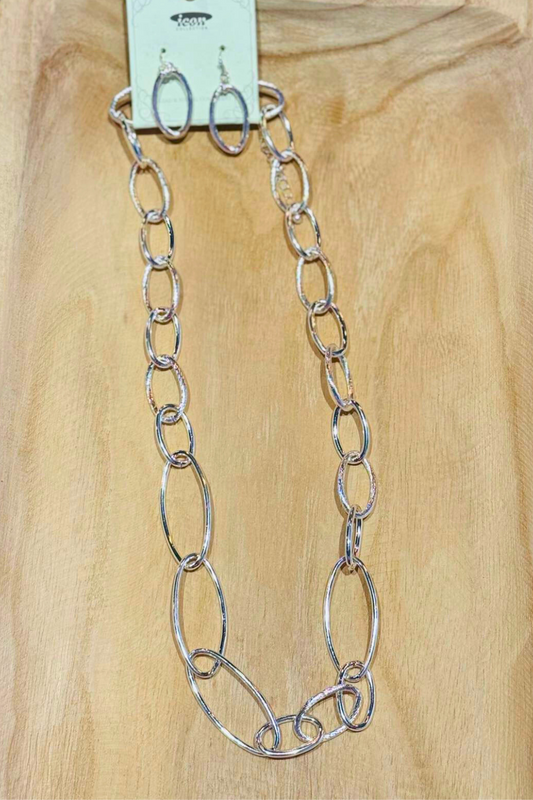 Large Link Silvertone Necklace Set