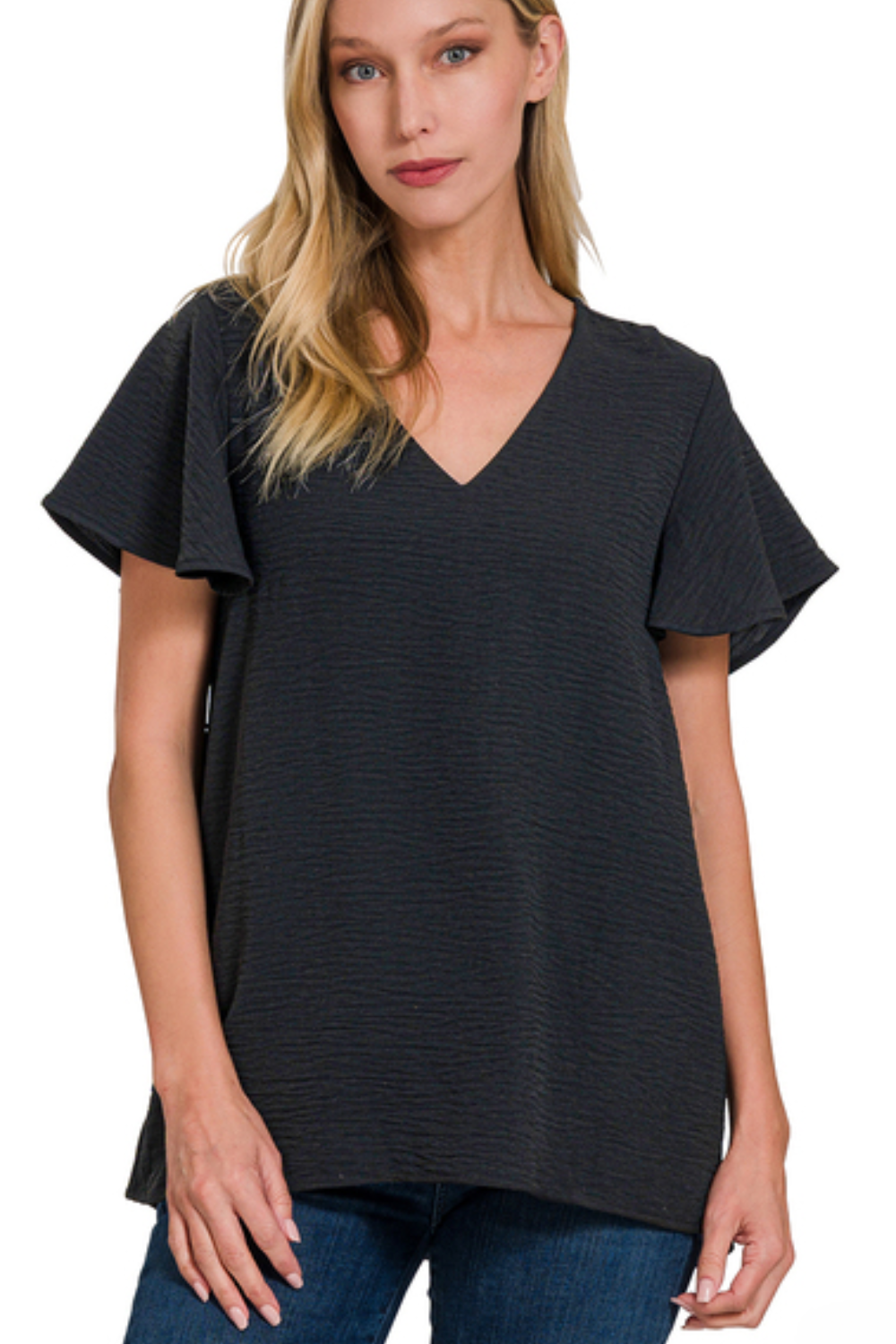 Woven Flutter Sleeve Top - Black