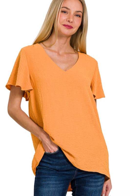 Woven Flutter Sleeve Top - Apricot