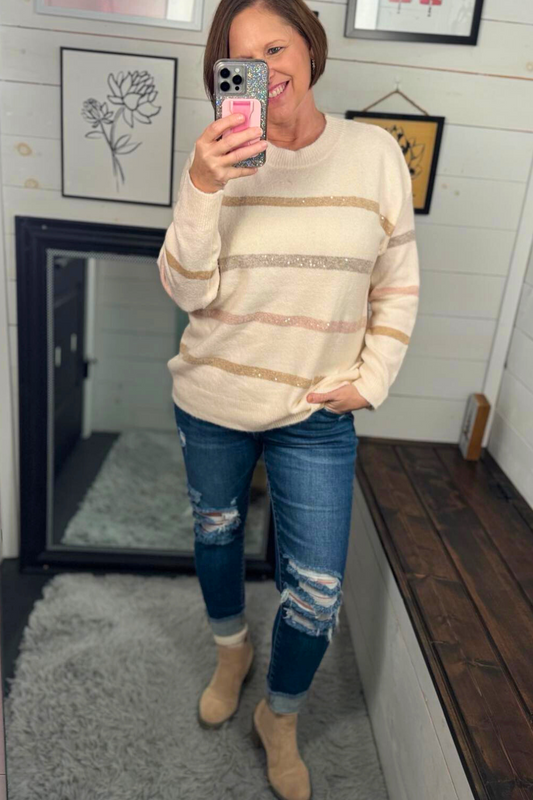 Striped Sweater with Neutral Sequin Detals