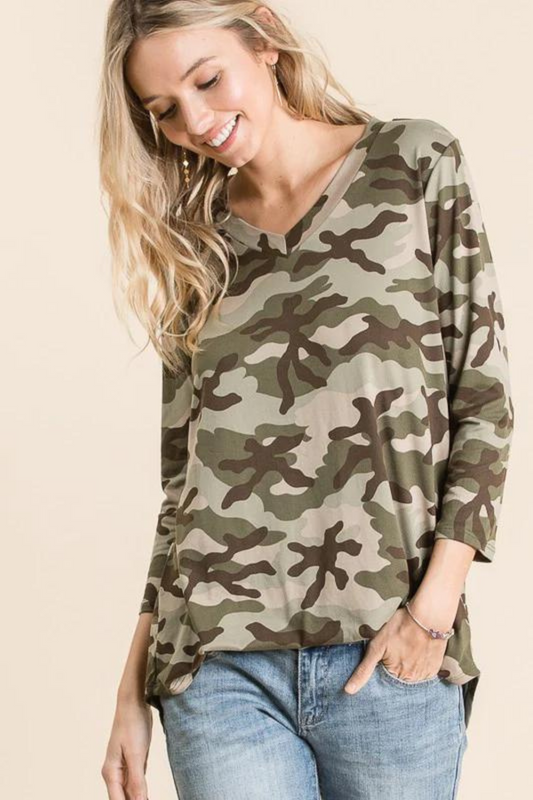 Rayon Camo VNeck Top