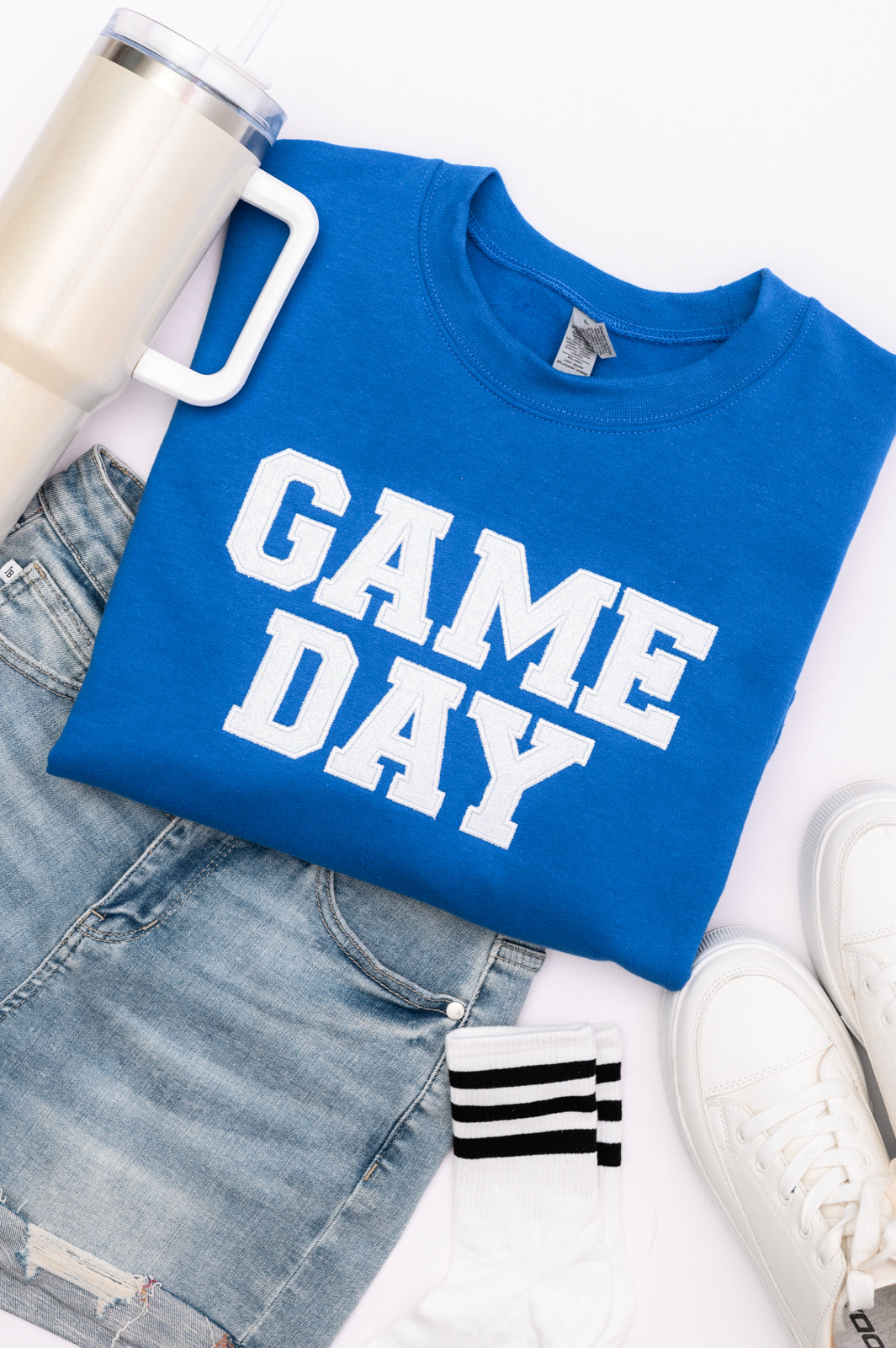 PREORDER: Embroidered Glitter Game Day Sweatshirt in Royal Blue/White