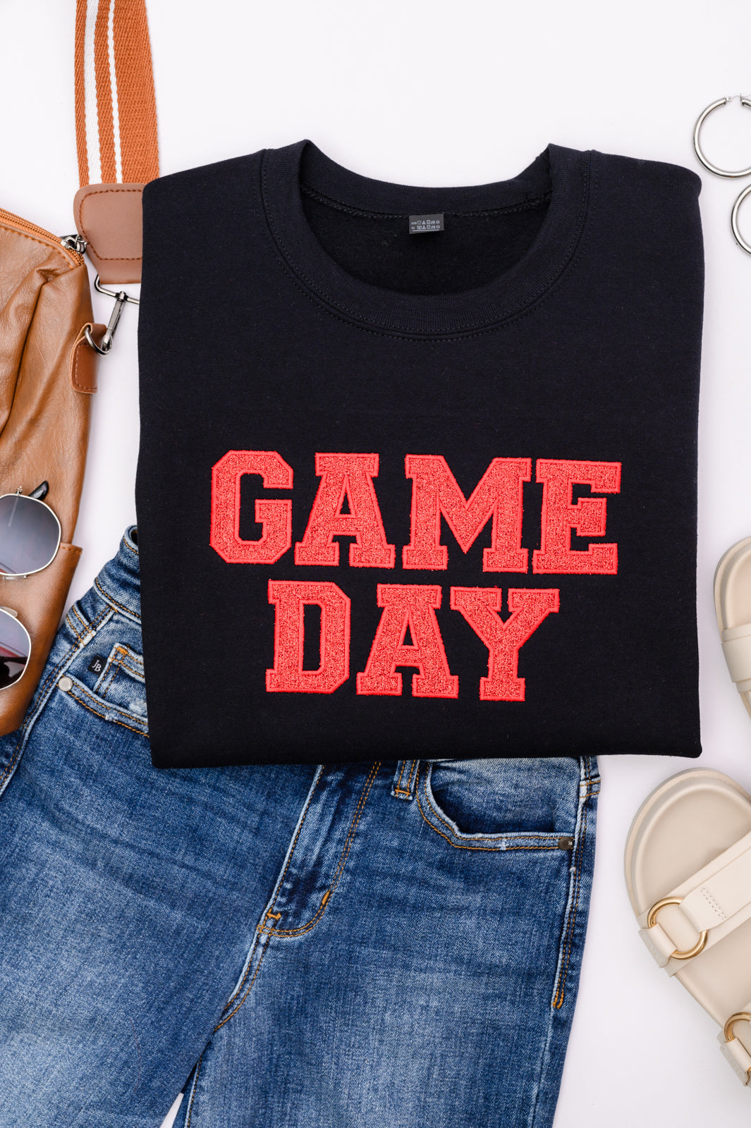 PREORDER: Embroidered Glitter Game Day Sweatshirt in Black/Red