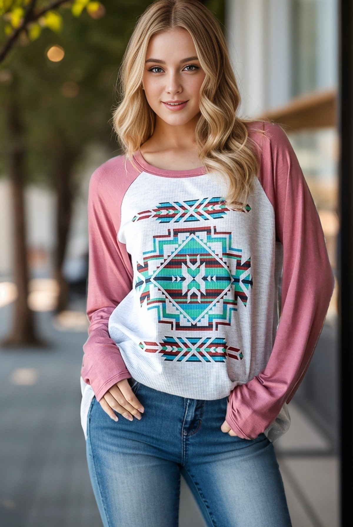 Raglan Sleeve Aztec Graphic Top