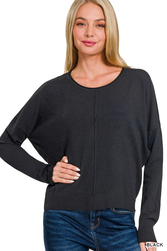 Front Seam Round Neck Sweater - Black