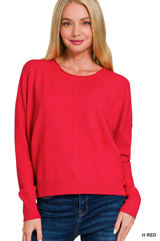 Front Seam Round Neck Sweater - Heather Red