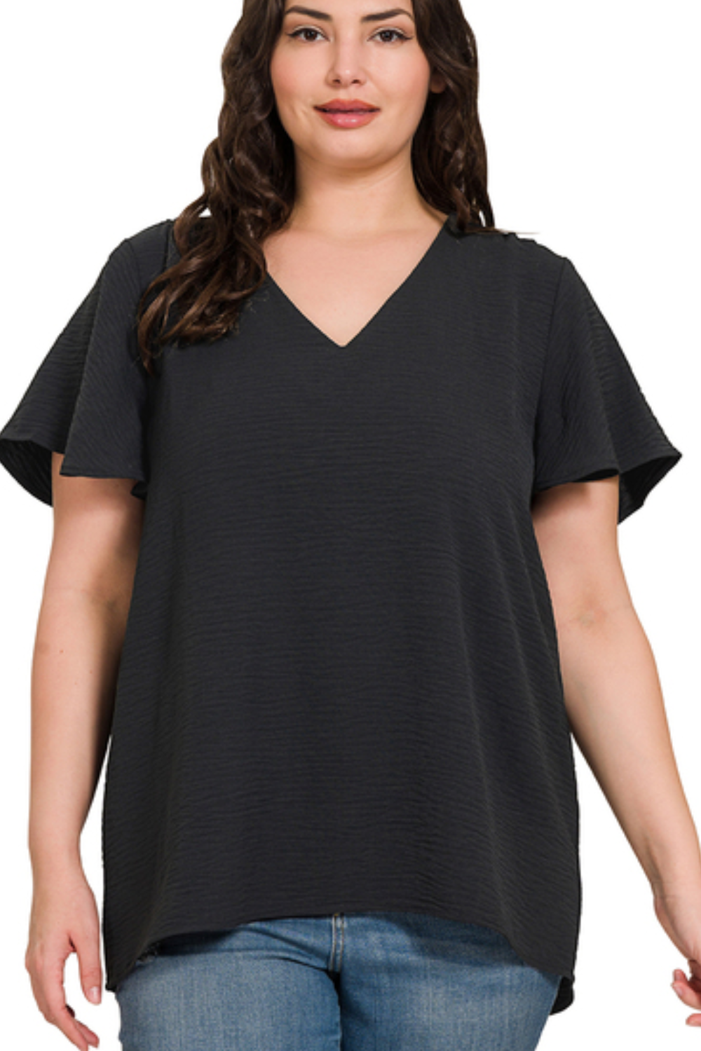 Woven Flutter Sleeve Top - Black