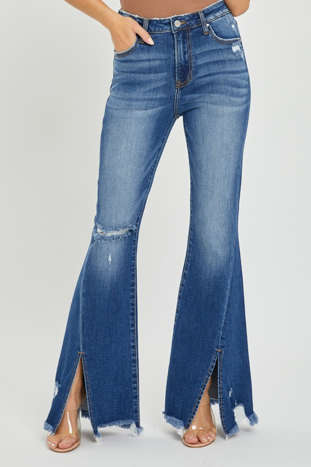 **ONLINE EXCLUSIVE!** RISEN Full Size High Rise Front Slit Frayed Hem Flare Jeans