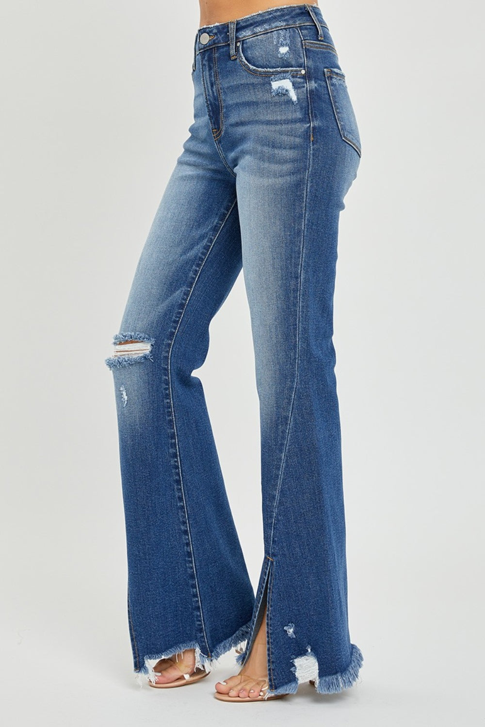 **ONLINE EXCLUSIVE!** RISEN Full Size High Rise Front Slit Frayed Hem Flare Jeans