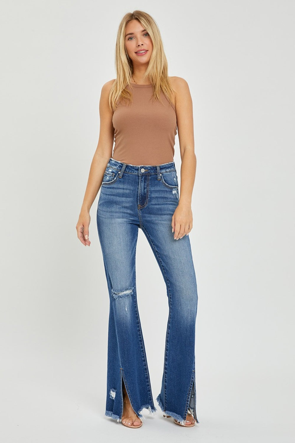 **ONLINE EXCLUSIVE!** RISEN Full Size High Rise Front Slit Frayed Hem Flare Jeans