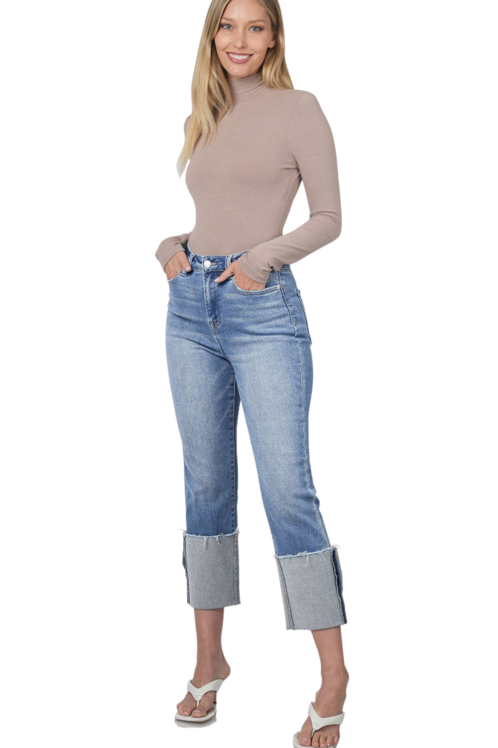 High Rise Cuffed Denim Jeans