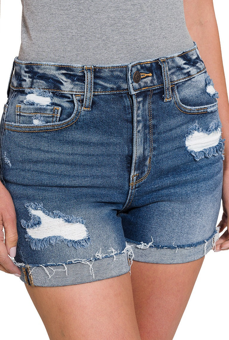 Distressed Cuffed Denim Shorts