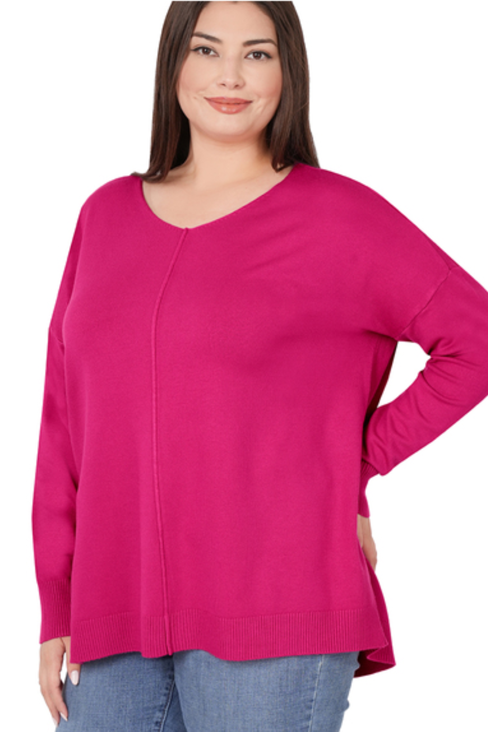 Plus V-Neck Front Seam Sweater