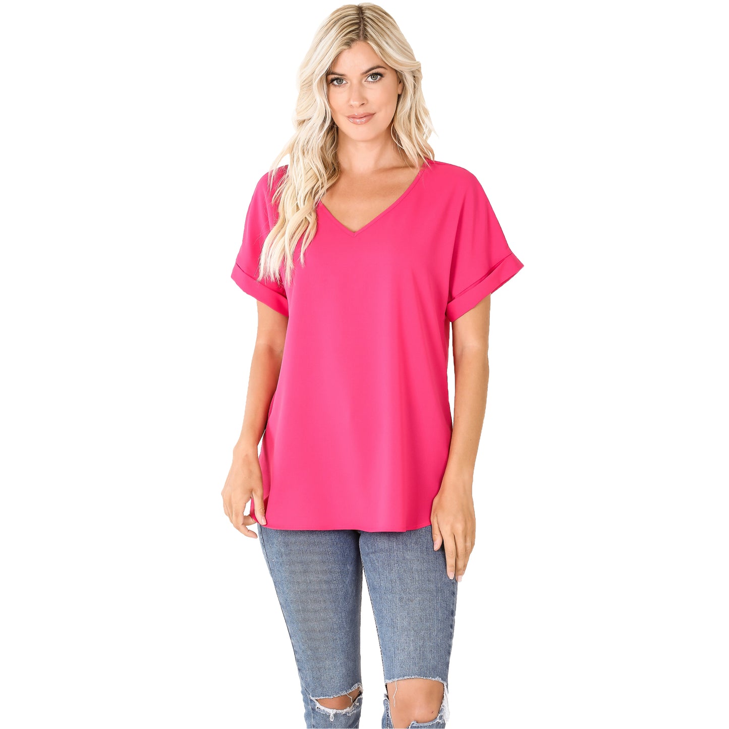 Woven Dobby VNeck Top with Rolled Sleeves