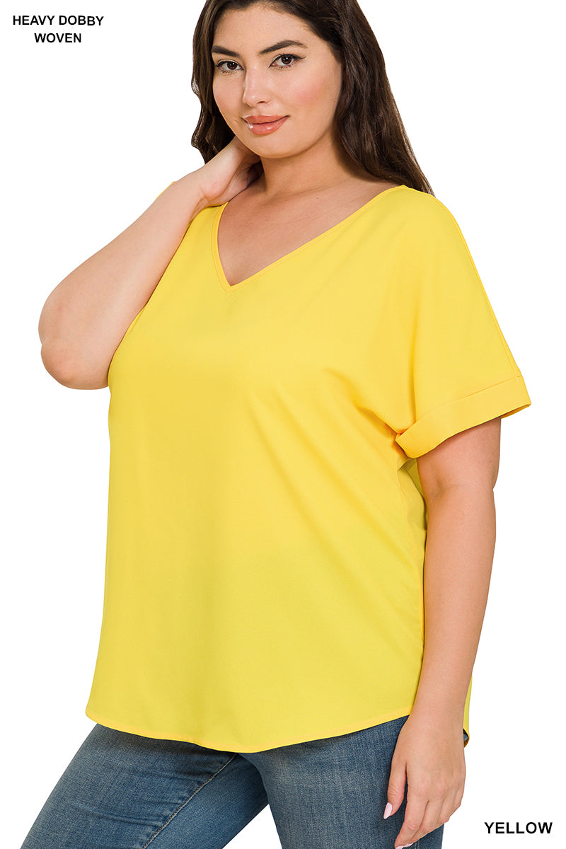 Woven Dobby VNeck Top with Rolled Sleeves