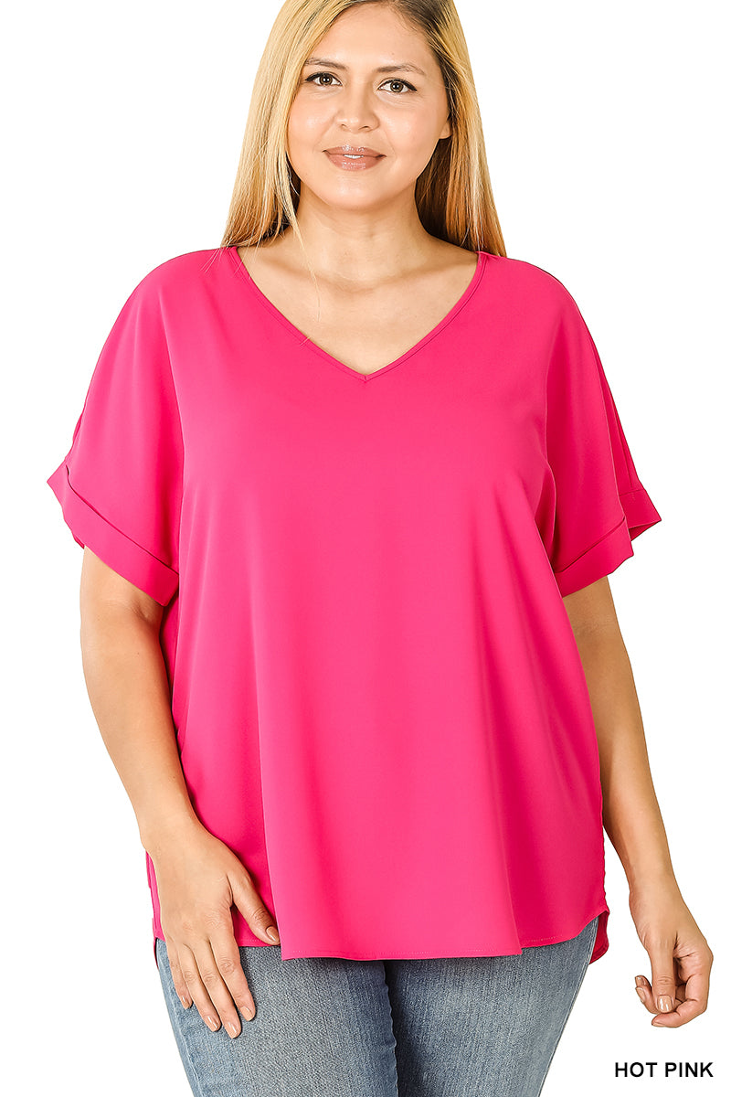 Woven Dobby VNeck Top with Rolled Sleeves