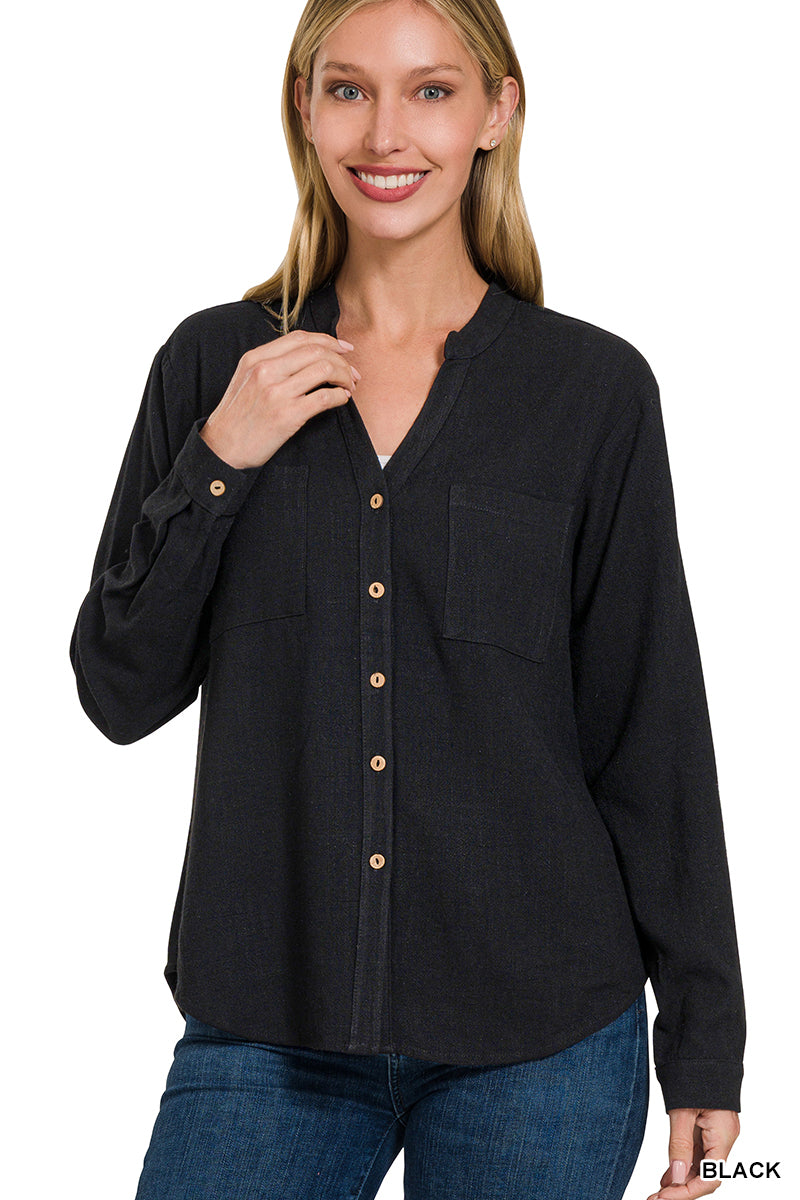 Linen Henley Button Down Top