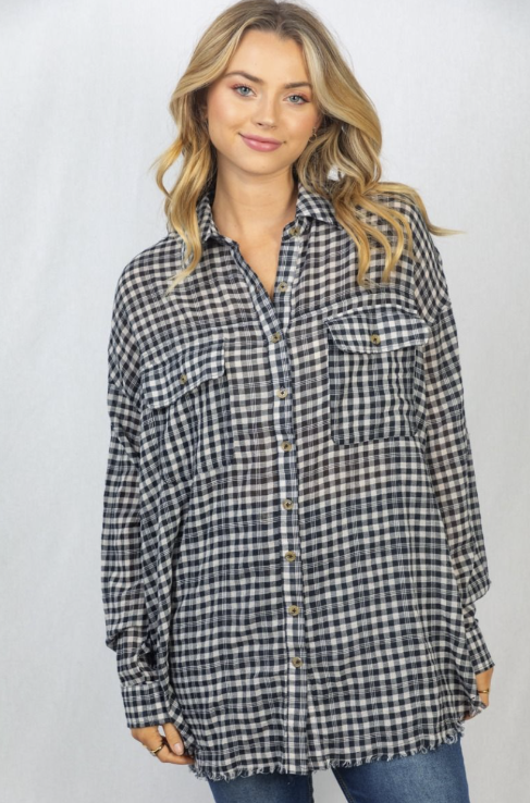 Plus Lightweight Plaid Button Down Top