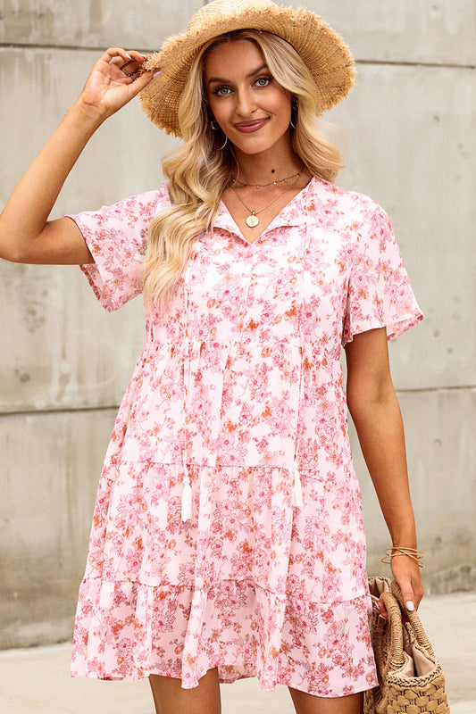 Floral Tie Neck Tiered Mini Dress