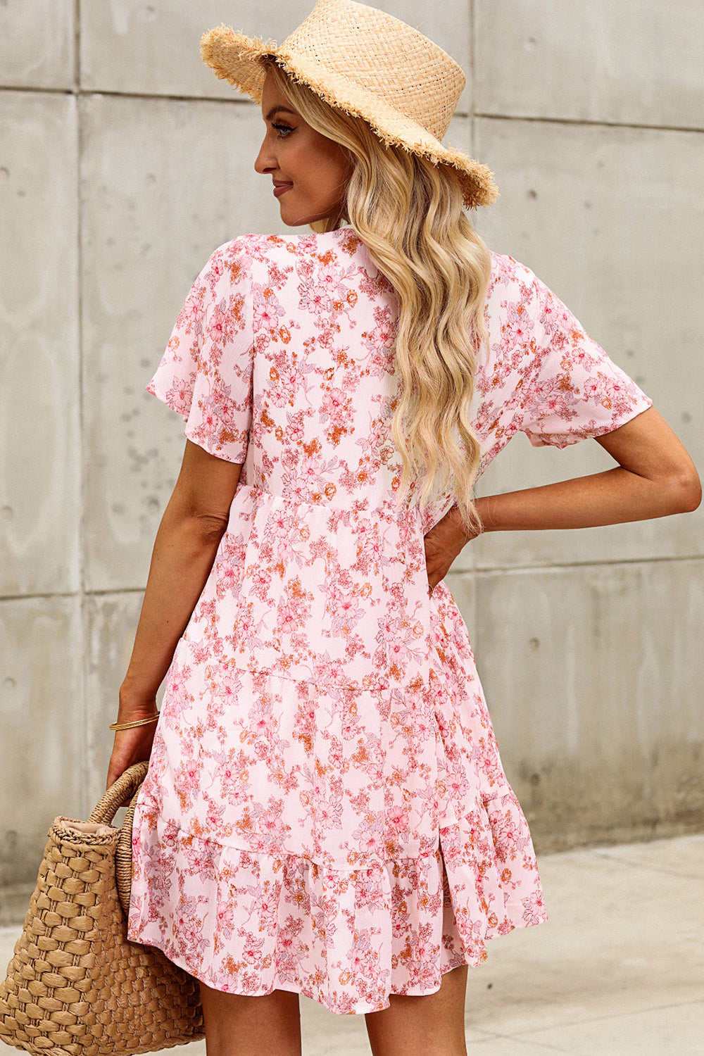 Floral Tie Neck Tiered Mini Dress