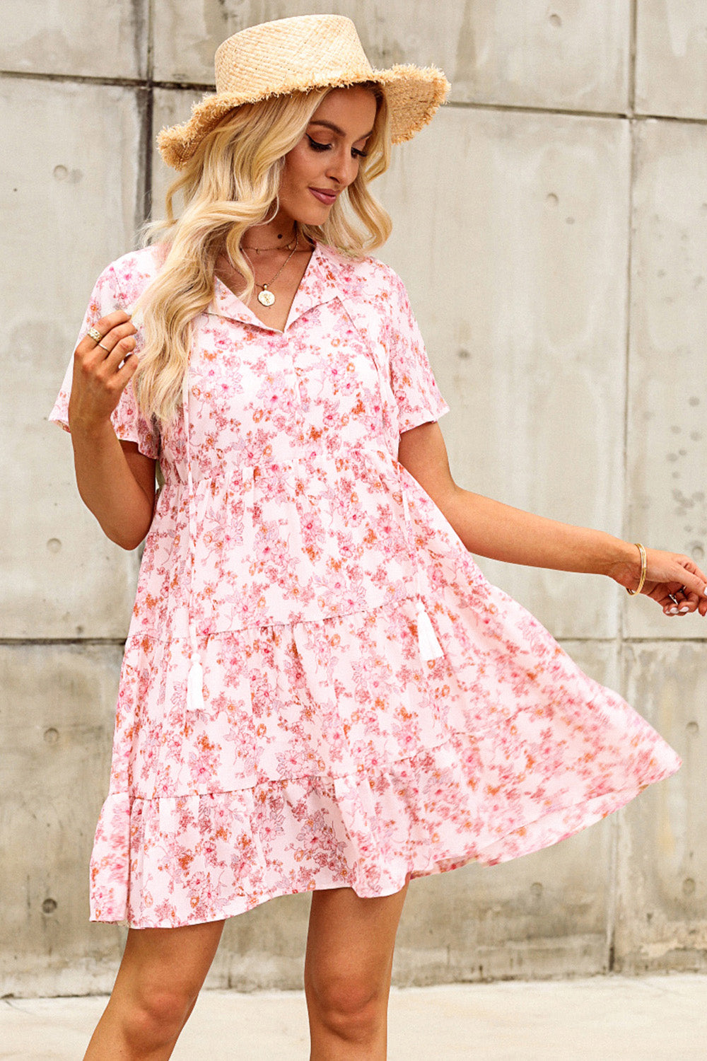 Floral Tie Neck Tiered Mini Dress