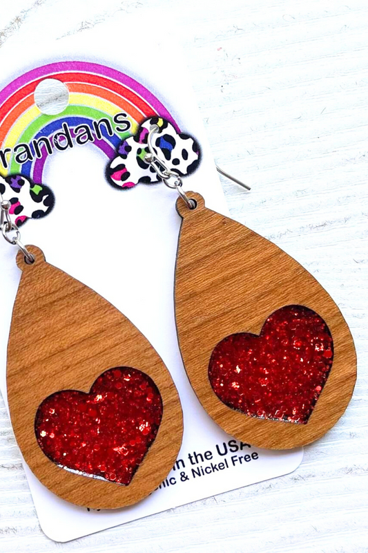 Wood Teardrop & Heart Resin Earrings