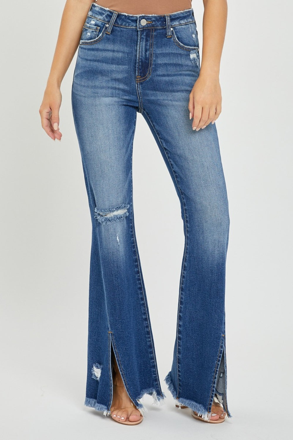 **ONLINE EXCLUSIVE!** RISEN Full Size High Rise Front Slit Frayed Hem Flare Jeans