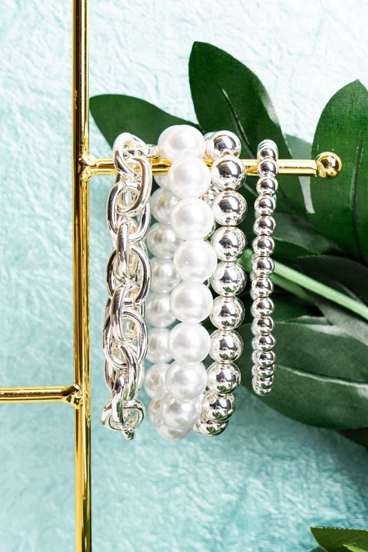 Broadview Pearl and Silvertone Beaded Bracelet Set