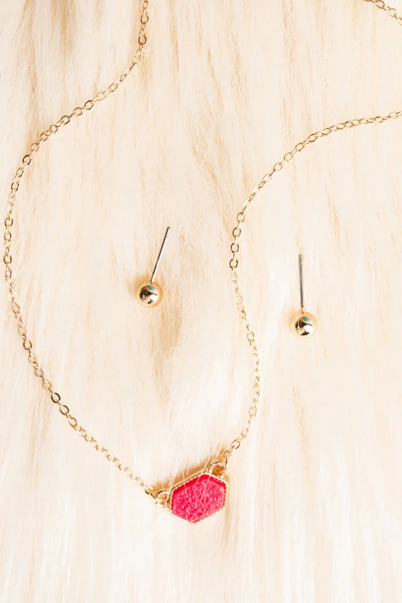 Jessy Neon Pink Druzy Pendant Necklace & Earrings Set