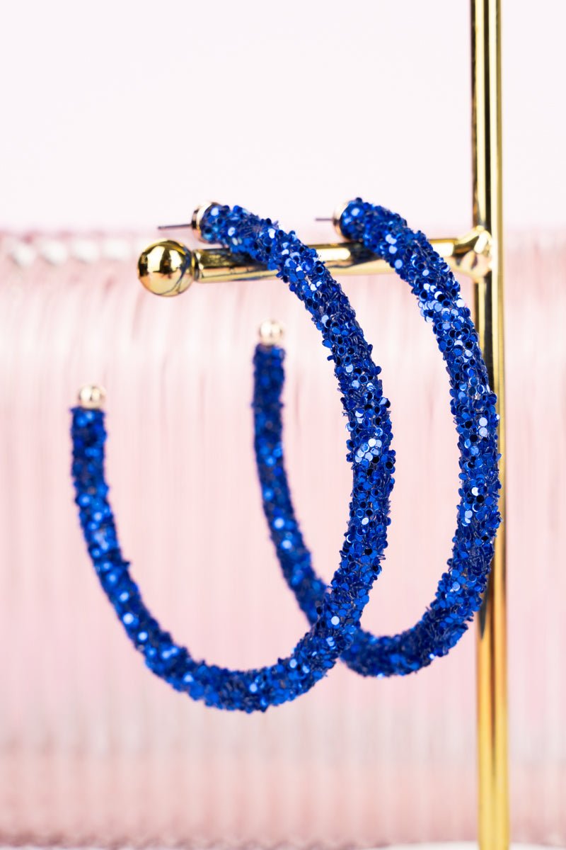 Make An Entrance Blue Sparkly Hoop Earrings