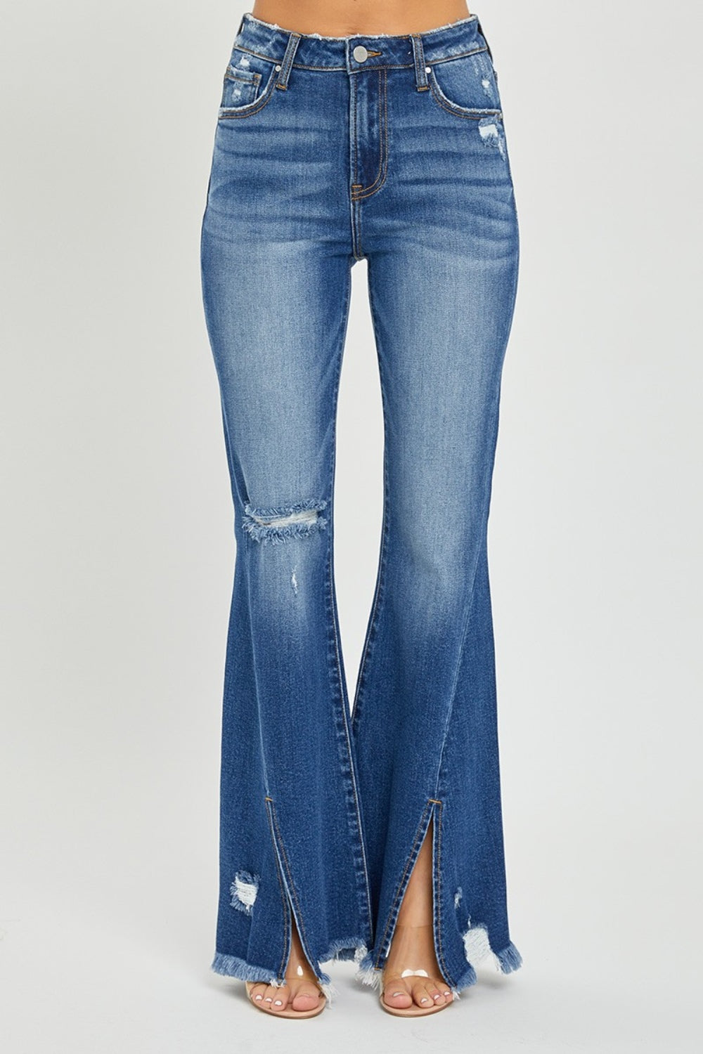 **ONLINE EXCLUSIVE!** RISEN Full Size High Rise Front Slit Frayed Hem Flare Jeans